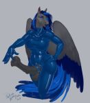  2019 abs absurd_res anthro blue_eyes blue_hair blue_lipstick blue_theme clothing darkfire equid equine erection fan_character gynomorph hair hand_on_hip hi_res intersex lipstick makeup mammal medial_ring my_little_pony penis phathusa pterippus rubber skinsuit tight_clothing wide_hips wings 