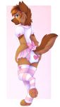  &lt;3 2018 anthro applepup black_nose blue_eyes blush bottomwear bow_tie brown_body brown_fur canid canine canis clothing diaper domestic_dog dress fur hand_on_butt looking_at_viewer looking_back mammal multicolored_body multicolored_fur pawpads pink_pawpads skirt solo standing striped_leggings touching_diaper 