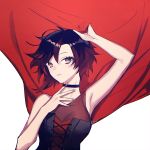  1girl armpits bangs black_hair breasts brown_eyes brown_hair cape choker ecru eyebrows_visible_through_hair gradient_hair hair_between_eyes looking_at_viewer medium_breasts multicolored_hair parted_lips red_cape ruby_rose rwby short_hair signature simple_background sleeveless solo upper_body white_background 