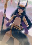  1girl 40hara :d animal_ears anubis_(iyapan) armlet bangs belt black_hair black_skirt blunt_bangs blush breasts bridal_gauntlets collarbone dark_skin egyptian egyptian_clothes fake_animal_ears gloves hair_ribbon hand_on_hip headgear highres holding holding_staff iya_na_kao_sare_nagara_opantsu_misete_moraitai_yo_wa_pantsu_ga_mitai_zo jackal_ears legs_apart long_hair looking_at_viewer medium_breasts navel open_mouth purple_eyes purple_gloves ribbon sand sidelocks skirt smile solo staff stomach thighlet wind 