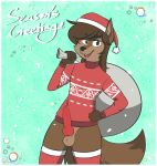  2019 animal_genitalia anthro balls big_penis bottomless canid canine canis christmas clothed clothing commander_(commanderthings) commanderthings digital_media_(artwork) english_text erection front_view fur hair hat headgear headwear hi_res holidays huge_penis legwear long_hair looking_at_viewer male mammal open_mouth penis santa_hat smile socks solo standing stockings text topwear wolf 