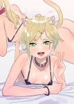  1girl :d animal_ears ass back barefoot bikini black_bikini blonde_hair blush bottomless bracelet breasts cat_ears cat_tail collar fangs green_eyes hair_ornament hairclip jewelry looking_at_viewer lying micro_bikini on_stomach open_mouth original piercing ponytail small_breasts smile solo subachi swimsuit tail teeth tongue tongue_out tongue_piercing v 