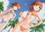 2girls absurdres bikini blue_sky blurry blurry_background breasts brown_eyes brown_hair cowboy_shot day depth_of_field dutch_angle eyebrows_visible_through_hair fang flower glint grin hair_flower hair_ornament hairclip hand_on_hip hand_on_own_chest highres huge_filesize misaka_imouto misaka_mikoto multiple_girls navel outdoors raika9 scan short_hair skin_fang sky small_breasts smile swimsuit to_aru_kagaku_no_railgun to_aru_majutsu_no_index 