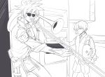  2boys eyepatch grandfather_and_grandson guilty_gear guilty_gear_2 highres instrument kitchen kuangren_k lineart male_focus meme multiple_boys music oven playing_instrument shorts sin_kiske sol_badguy spiked_hair stuffed_toy sunglasses trombone when_mama_isn&#039;t_home 