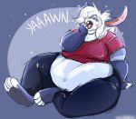  anthro arm_support belly big_belly buckteeth clothed clothing danji-isthmus english_text eyes_closed fur grey_body grey_fur hi_res lagomorph leporid male mammal midriff moobs obese obese_male open_mouth overweight overweight_male rabbit reclining solo teeth text thick_thighs tired wide_hips yawn 