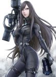  1girl bangs black_bodysuit black_hair bodysuit breasts brown_eyes dual_wielding energy_gun gantz gantz_suit gun h-gun highres holding holding_gun holding_weapon huge_weapon large_breasts lips long_hair nose shimohira_reika skin_tight slender_waist solo thigh_strap to-ru weapon white_background x-gun 