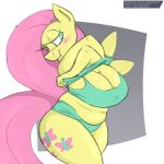  anthro big_breasts blush breasts clothed clothing clothing_lift equid equine female fluttershy_(mlp) friendship_is_magic longtailshort mammal my_little_pony pterippus shirt shirt_lift slightly_chubby thick_thighs topwear wings 