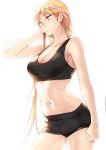  1girl arm_at_side bangs black_bra black_shorts blonde_hair bra breasts cleavage clenched_hand cowboy_shot from_side genderswap genderswap_(mtf) izumi_kouhei large_breasts long_hair navel pepper_fever shorts simple_background solo sports_bra underwear underwear_only white_background world_trigger yellow_eyes 