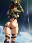  1girl ass black_leotard blue_sky cloud feet_out_of_frame georgy_stacker green_armor halo_(game) highres leotard long_hair one_eye_closed ponytail power_armor red_hair removing_helmet sky spartan_(halo) thick_thighs thighs torn_clothes 