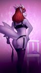  2019 andyd anthro bra breasts butt butt_pose clothed clothing digital_media_(artwork) eyebrows eyelashes female fin fish garter_straps hair horn legwear lingerie looking_back marine pose red_hair riding_crop shark solo thigh_highs underwear whip 