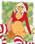  absurd_res animal_genitalia animal_penis anthro applejack_(mlp) balls bottomless chango-tan choker christmas clothed clothing equine_penis erection friendship_is_magic gynomorph hi_res holidays intersex jewelry legwear looking_at_viewer medial_ring my_little_pony necklace open_mouth penis pussy sitting smile solo text thick_thighs thigh_highs vein veiny_penis 