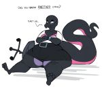  2019 3_toes absurd_res aimbot-jones anthro belly bodily_fluids bottomwear breasts cleavage clock clothed clothing crossed_arms dialogue english_text eyelashes eyewear feet female glasses half-closed_eyes hi_res inside looking_away narrowed_eyes nintendo non-mammal_breasts office overweight overweight_female pok&eacute;mon pok&eacute;mon_(species) reptile salazzle scalie shirt sitting skirt solo sweat sweatdrop text thick_tail thick_thighs toes topwear video_games watch wavy_mouth wide_hips 