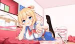  1girl absurdres akai_haato anhun arm_support bangs bedroom black_legwear blonde_hair blue_eyes blue_skirt blurry breasts chair collared_shirt curtains depth_of_field finger_gun foreshortening haaton_(haato_channel) hair_ornament hair_ribbon hair_scrunchie head_tilt heart heart_in_eye heart_pillow heart_print high-waist_skirt highres hololive indoors katana large_breasts long_hair looking_at_viewer low_twintails lying neck_ribbon no_shoes on_bed on_stomach one_side_up open_mouth pantyhose pillow pointing pointing_at_viewer pov red_ribbon ribbon scrunchie shirt sidelocks skirt smile soles solo stuffed_animal stuffed_toy sword symbol_commentary symbol_in_eye table teapot the_pose twintails upper_teeth virtual_youtuber weapon white_shirt window 