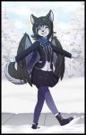  2019 5_fingers aisty_(mancoin) anthro black_body black_fur black_nose bottomwear canid canine canis clothed clothing digital_media_(artwork) domestic_dog female fingers flat_chested foxyverse fully_clothed fur gforce hair happy hi_res husky jacket legwear mammal necktie nordic_sled_dog open_mouth scarf school_uniform shirt short_hair signature simple_background skirt smile snow solo spitz teenager thigh_highs tongue topwear uniform white_body white_fur wings winter young 
