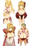  1boy 1girl absurdres ahoge arm_grab bangs bikini blonde_hair braid breasts cleavage closed_mouth criss-cross_halter cropped_legs dokshuri dress epaulettes fate/grand_order fate_(series) flower french_braid green_eyes grin hair_bun hair_flower hair_intakes hair_ornament halterneck hand_in_hair hands_on_hips hands_on_own_knees highres juliet_sleeves large_breasts layered_dress leaning_forward light_frown long_dress long_hair long_sleeves looking_at_viewer looking_to_the_side multiple_views namesake navel nero_claudius_(fate) nero_claudius_(fate)_(all) nero_claudius_(swimsuit_caster)_(fate) nero_claudius_caesar_augustus_germanicus puffy_sleeves red_dress red_flower see-through short_dress short_hair side-tie_bikini simple_background smile spaghetti_strap standing striped striped_bikini swimsuit tied_hair twintails white_background 