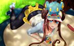  1girl black_legwear blue_eyes blue_footwear blush braco breasts brown_hair cleavage day double_bun hat highres large_breasts long_hair looking_at_viewer luxray lying mei_(pokemon) on_stomach open_mouth outdoors pantyhose pokemon pokemon_(creature) shirt shoes short_sleeves smile sneakers snorlax t-shirt 