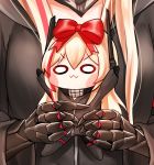  :3 armband arms_up black_jacket black_scarf black_skirt blonde_hair blush close-up closed_mouth commentary_request doll eyebrows_visible_through_hair gauntlets girls_frontline gloves hair_ribbon headgear holding holding_doll honyang jacket long_hair looking_at_viewer m4_sopmod_ii_(girls_frontline) m4_sopmod_ii_jr mechanical_arm multicolored_hair o_o owo red_armband red_hair red_ribbon ribbon scarf sidelocks skirt streaked_hair white_background white_eyes 