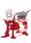  1girl absurdres animal_ear_fluff animal_ears azur_lane bag bangs bare_shoulders black_choker black_gloves boots breasts bridal_gauntlets cannon cat_ears cat_tail choker christmas cleavage collarbone commentary_request covered_nipples elbow_gloves full_body gift gloves grin hakama_skirt highres hyuuga_(azur_lane) kneeling kunitaki_kazuki large_breasts leaning_forward long_hair looking_at_viewer obi orange_eyes pantyhose paw_pose red_footwear red_ribbon ribbon santa_costume sash sidelocks simple_background smile solo tail teeth white_background white_hair white_legwear wide_sleeves 