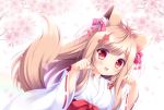  1girl :d animal_ear_fluff animal_ears bell blurry blurry_background blush bow braid breasts brown_hair commentary_request depth_of_field dutch_angle floral_print flower fox_ears fox_girl fox_tail hair_bell hair_bow hair_flower hair_ornament hands_up japanese_clothes jingle_bell kimono long_hair long_sleeves looking_at_viewer medium_breasts miko mito_kohaku open_mouth paw_pose pink_flower print_bow red_bow red_eyes red_flower revision ryuuka_sane smile solo tail tail_raised tayutama_2 tree_branch twin_braids upper_body very_long_hair white_kimono wide_sleeves 