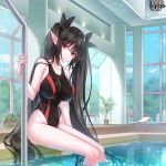  1girl black_hair blue_sky breasts copyright_name day hand_up impossible_clothes impossible_swimsuit kerberos_blade large_breasts long_hair looking_at_viewer one-piece_swimsuit plant pointy_ears pool potted_plant red_eyes roka_01u1 sitting sky smile soaking_feet solo swimsuit very_long_hair 