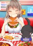  1girl :t animal bangs blurry blush bowl breasts cat closed_eyes commentary_request depth_of_field eating eyebrows_visible_through_hair facing_viewer food food_on_face french_fries grey_hair hamburger hazuki_natsu highres holding holding_food long_hair medium_breasts original pasta pet_bowl plate restaurant shirt short_sleeves sitting solo table twitter_username upper_body wavy_mouth white_shirt 