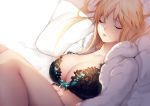  1girl aqua_bow bangs bed_sheet black_bra blonde_hair bow bow_bra bra breasts cleavage closed_eyes eyelashes facing_viewer genderswap genderswap_(mtf) hand_on_own_stomach izumi_kouhei knees_up lace lace-trimmed_bra large_breasts long_hair long_sleeves lying on_back on_bed open_clothes pajamas parted_lips pepper_fever pillow shade sleeping solo underwear world_trigger 