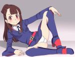 1girl arm_support armad black_legwear blue_dress blush boots brown_hair cameltoe closed_mouth dress grey_background kagari_atsuko knee_boots kneehighs little_witch_academia long_hair looking_at_viewer luna_nova_school_uniform lying on_side panties red_eyes school_uniform simple_background smile solo spread_legs underwear upskirt white_panties witch 