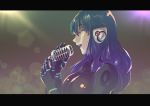  1girl absurdres android blue_hair commentary_request highres kira_miki long_hair mechanical_arms microphone mugitarou music neon_lights pale_skin red_eyes singing solo va-11_hall-a 