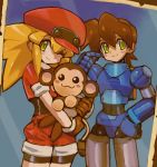 1boy 1girl absurdres android animal belt bike_shorts bike_shorts_under_shorts blonde_hair blush brown_gloves brown_hair cabbie_hat capcom commentary_request dakusuta data_(rockman_dash) gloves green_eyes hair_between_eyes hat highres holding holding_animal long_hair monkey one_eye_closed photo_(object) red_headwear red_shorts rock_volnutt rockman rockman_dash roll_caskett short_sleeves shorts smile 