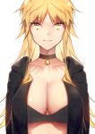  1girl :3 arms_at_sides bangs bell bell_choker black_bra blonde_hair bra breasts choker closed_mouth flipped_hair genderswap genderswap_(mtf) izumi_kouhei jingle_bell large_breasts long_hair looking_at_viewer open_clothes pepper_fever simple_background slit_pupils smile solo underwear up white_background world_trigger yellow_eyes 