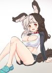  1girl :3 animal_ear_fluff animal_ears black_hair blush breasts cleavage cleavage_cutout collar crocs crop_top dog_ears dog_tail ett01024 fang hachiko_of_castling highres large_breasts last_origin long_hair looking_at_viewer midriff multicolored_hair red_collar red_eyes shorts skin_fang solo tail two-tone_hair white_hair 