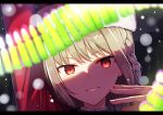  1girl arm_up bangs braid christmas eyebrows_visible_through_hair eyes_visible_through_hair fate/grand_order fate_(series) fingernails florence_nightingale_(fate/grand_order) fur-trimmed_hat grin hat letterboxed long_hair long_sleeves looking_at_viewer red_eyes red_headwear santa_hat silver_hair smile snow solo yukarite 