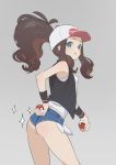  1girl ass bangs baseball_cap black_vest blue_eyes breasts brown_hair closed_mouth curly_hair cutoffs denim denim_shorts exposed_pocket grey_background hat high_ponytail holding holding_poke_ball licking_lips long_hair looking_at_viewer poke_ball poke_ball_(generic) pokemon pokemon_(game) pokemon_bw shirt short_shorts shorts sidelocks simple_background sleeveless sleeveless_shirt small_breasts smile solo sparkle tank_top thighs tim_loechner tongue tongue_out touko_(pokemon) vest white_headwear white_shirt wristband 