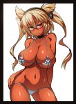  1girl :/ bare_arms bare_shoulders bikini blonde_hair blush breasts choker commentary_request contrapposto cowboy_shot dark_skin frilled_bikini_top frills frown fukurou_(owl222) glasses hairband hand_on_hip highres huge_breasts kantai_collection letterboxed long_hair looking_at_viewer musashi_(kantai_collection) navel red_eyes simple_background solo standing sweatdrop swimsuit twintails v-shaped_eyebrows white_background white_bikini windowboxed 
