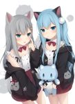  2girls :p :t akanbe amashiro_natsuki animal_ears black_jacket blue_eyes blue_hair blush bow bowtie candy cat_ears cat_girl cat_tail closed_mouth collar detached_collar fake_animal_ears food food_in_mouth food_themed_hair_ornament grey_hair hair_ornament high-waist_skirt highres holding holding_stuffed_animal hood hood_down hooded_jacket jacket lollipop long_hair looking_at_viewer multiple_girls nacho_(amashiro_natsuki) nekoha_shizuku open_clothes open_jacket original pleated_skirt red_neckwear red_skirt shirt skirt sleeveless sleeveless_shirt smile stuffed_animal stuffed_cat stuffed_toy tail tongue tongue_out very_long_hair white_background white_collar white_shirt 