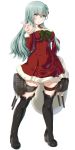  1girl absurdres aqua_eyes aqua_hair arm_warmers black_footwear boots breasts christmas_tree_hair_ornament collarbone dd_(ijigendd) detached_collar dress full_body fur_trim hair_ornament hand_on_hip highres kantai_collection large_breasts long_hair looking_at_viewer red_dress red_neckwear sack santa_dress simple_background solo standing suzuya_(kantai_collection) thigh_boots thighhighs turret white_background 