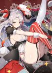  1girl antenna_hair ass azur_lane bangs blush breasts commentary_request eyebrows_visible_through_hair finger_to_mouth garter_straps hair_between_eyes hair_ribbon large_breasts long_hair looking_at_viewer luse_maonang machinery mole mole_on_breast multicolored_hair orange_eyes panties prinz_eugen_(azur_lane) red_hair ribbon rigging side-tie_panties sideboob silver_hair solo streaked_hair swept_bangs thighhighs thighs two_side_up underwear very_long_hair white_panties wrist_cuffs 