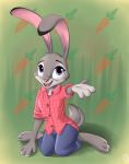  anthro barefoot bottomwear buckteeth cheek_tuft clothed clothing dipstick_ears disney facial_tuft fully_clothed fur green_background grey_body grey_fur head_tuft hi_res judy_hopps lagomorph leporid mammal multicolored_ears open_mouth open_smile pants pink_nose purple_eyes rabbit shirt simple_background sirzi smile solo teeth topwear tuft zootopia 