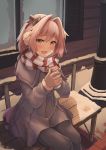  1boy absurdres astolfo_(fate) bangs bench black_legwear black_ribobn braid brown_gloves commentary_request eyebrows_visible_through_hair fang fate/grand_order fate_(series) gloves hair_between_eyes hair_ornament hair_ribbon highres holding jacket jtleeklm long_hair pantyhose pink_hair red_scarf ribbon scarf sitting skin_fang smile snow solo striped striped_scarf white_scarf 