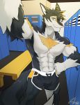  2019 abs absurd_res anthro athletic biceps big_muscles black_body black_fur blue_eyes claws clothed clothing flexing front_view fur gomsin940 grey_body grey_fur hair half-length_portrait hi_res locker looking_at_viewer male mammal multicolored_body multicolored_fur muscular muscular_male navel obliques open_mouth pecs portrait pose selfie solo topless triceps two_tone_body two_tone_fur underwear v-cut vortiganshine white_body white_fur yellow_body yellow_eyes yellow_fur 