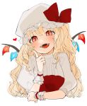  1girl :d alternate_hair_length alternate_hairstyle bangs blonde_hair blush bow commentary_request crystal eyebrows_visible_through_hair fangs flandre_scarlet gotoh510 hand_up hat hat_bow heart highres index_finger_raised long_hair looking_at_viewer mob_cap open_mouth puffy_short_sleeves puffy_sleeves red_bow red_eyes shirt short_sleeves simple_background smile solo tongue touhou upper_body white_background white_headwear white_shirt wings wrist_cuffs 