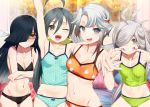  4girls :d ;d ahoge akishimo_(kantai_collection) arm_up asashimo_(kantai_collection) asymmetrical_bangs asymmetrical_hair bangs black_hair blush bra breasts camisole crossed_arms gradient_hair grey_eyes grey_hair grin hair_between_eyes hair_over_one_eye hair_ribbon hand_up hayashimo_(kantai_collection) highres kantai_collection kiyoshimo_(kantai_collection) kusaka_souji long_hair looking_at_viewer low_twintails multicolored_hair multiple_girls navel one_eye_closed open_mouth panties ponytail ribbon sharp_teeth short_hair_with_long_locks sidelocks silver_hair small_breasts smile stomach teeth twintails underwear underwear_only very_long_hair 