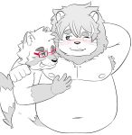  2019 absurd_res anthro armpit_hair belly blush body_hair duo eyewear felid glasses hi_res humanoid_hands kemonofluffy lion male male/male mammal moobs navel nipples one_eye_closed overweight overweight_male pantherine procyonid pubes raccoon simple_background tongue tongue_out white_background wink 