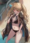  1girl absurdres artist_request beach bikini black_bikini blonde_hair blush breasts cleavage collarbone eyebrows_visible_through_hair granblue_fantasy green_eyes highres jacket large_breasts long_hair looking_at_viewer monica_weisswind navel popsicle_stick solo swimsuit wavy_hair 