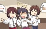  3girls alternate_costume blush braid brown_hair closed_eyes eyebrows_visible_through_hair food furutaka_(kantai_collection) grey_hair hair_ornament hair_ribbon hairclip hamu_koutarou hayanami_(kantai_collection) highres kantai_collection long_hair multiple_girls noshiro_(kantai_collection) open_mouth pants plate ponytail purple_hair ribbon shirt short_hair sidelocks smile track_pants twin_braids white_ribbon white_shirt 