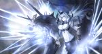  1girl air_defense_cruiser_hime bangs blue_eyes breasts cleavage energy_beam firing gloves glowing glowing_eye hair_over_one_eye highres kantai_collection large_breasts long_hair looking_afar machinery parted_lips shinkaisei-kan solo spikes turret weasel_(close-to-the-edge) white_hair white_skin 