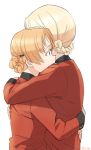  2girls bangs black_ribbon blonde_hair braid commentary darjeeling ei_(akinosakae) epaulettes from_side girls_und_panzer hair_ribbon hug jacket long_sleeves military military_uniform multiple_girls orange_hair orange_pekoe parted_bangs red_jacket ribbon short_hair simple_background st._gloriana&#039;s_military_uniform standing tied_hair twin_braids twitter_username uniform upper_body white_background 