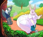  2019 anthro beastars big_butt bottomwear breasts butt cake canid canine canis clothed clothing duo female flower food haru_(beastars) hi_res holding_food holding_object hoodah huge_butt lagomorph legosi_(beastars) leporid male mammal outside overweight overweight_female plant rabbit skirt smile tree watering_can wolf 