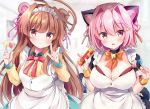  2girls ahoge alternate_costume animal_ears apron bear_ears black_dress blurry breasts brown_eyes brown_hair candy cat_ears cleavage cowboy_shot depth_of_field dress food frilled_apron frills huge_ahoge index_finger_raised kantai_collection kuma_(kantai_collection) large_breasts lollipop long_hair looking_at_viewer maid_headdress masayo_(gin_no_ame) multiple_girls pink_hair red_eyes red_neckwear short_hair smile tama_(kantai_collection) white_apron white_background wrist_cuffs 