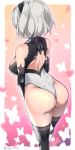  1girl ass bare_shoulders black_gloves black_hairband black_legwear body_blush border breasts bug butterfly commentary_request dimples_of_venus elbow_gloves facing_away from_behind gloves gradient gradient_background hairband highleg highleg_leotard insect leotard medium_breasts nier_(series) nier_automata osa_(osaosa) outside_border short_hair silver_hair solo standing thighhighs twitter_username two-tone_leotard white_border yorha_no._2_type_b 